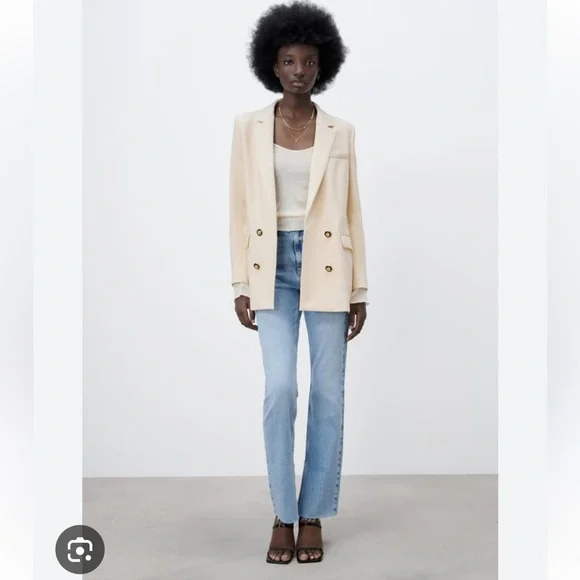 Zara Cream Double Breasted Blazer with Black/Gold Button Detail Sz M - Picture 5 of 7